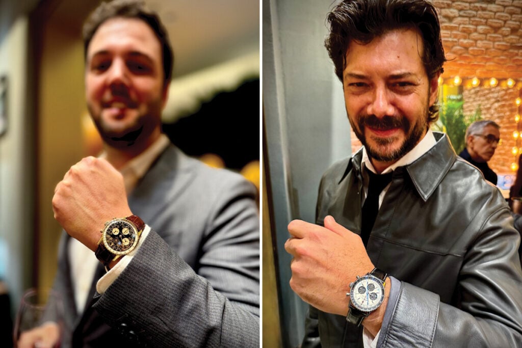 dois homens de barba e bigode com relógios Breitling no pulso, Ricardo Leitão e o ator Álvaro Morte da Casa de Papel