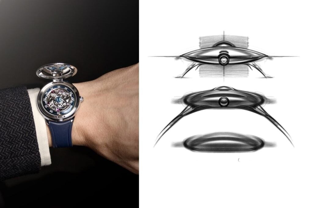 sketeches e desenhos a lápis e versão em aço do relógio do Czapek Time Jumper com a tampa aberta