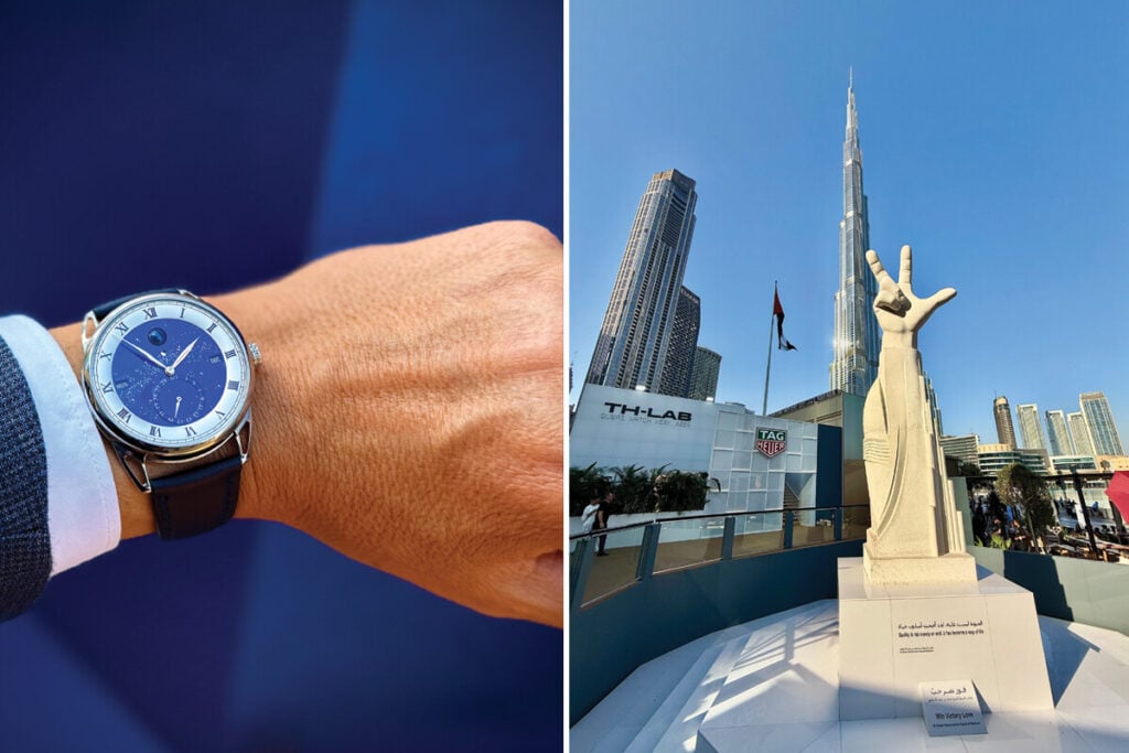 À esquerda, a imagem de um relógio com mostrador azul e numerais romanos, usado no pulso de uma pessoa com camisa de manga comprida. À direita, uma escultura de mão gigante, situada em frente ao Burj Khalifa, com a bandeira dos Emirados Árabes Unidos ao fundo.