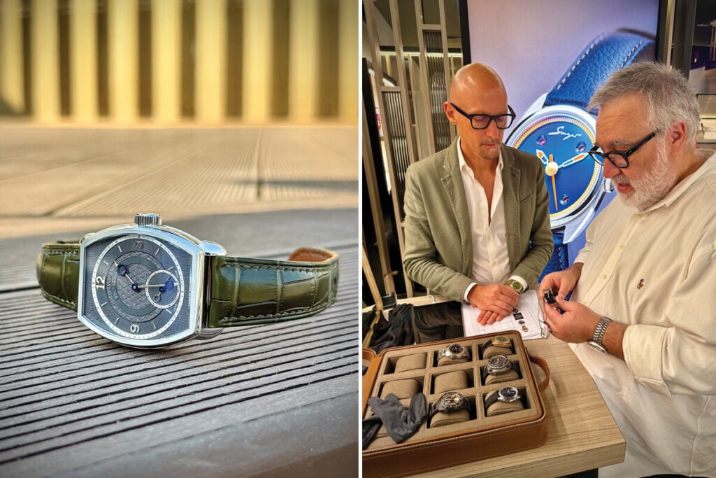 À esquerda, um close-up de um relógio com mostrador cinza e pulseira de couro verde, posicionado sobre uma superfície de madeira. À direita, duas pessoas discutem sobre relógios em uma loja, com uma exibição de relógios em uma caixa de armazenamento ao fundo.