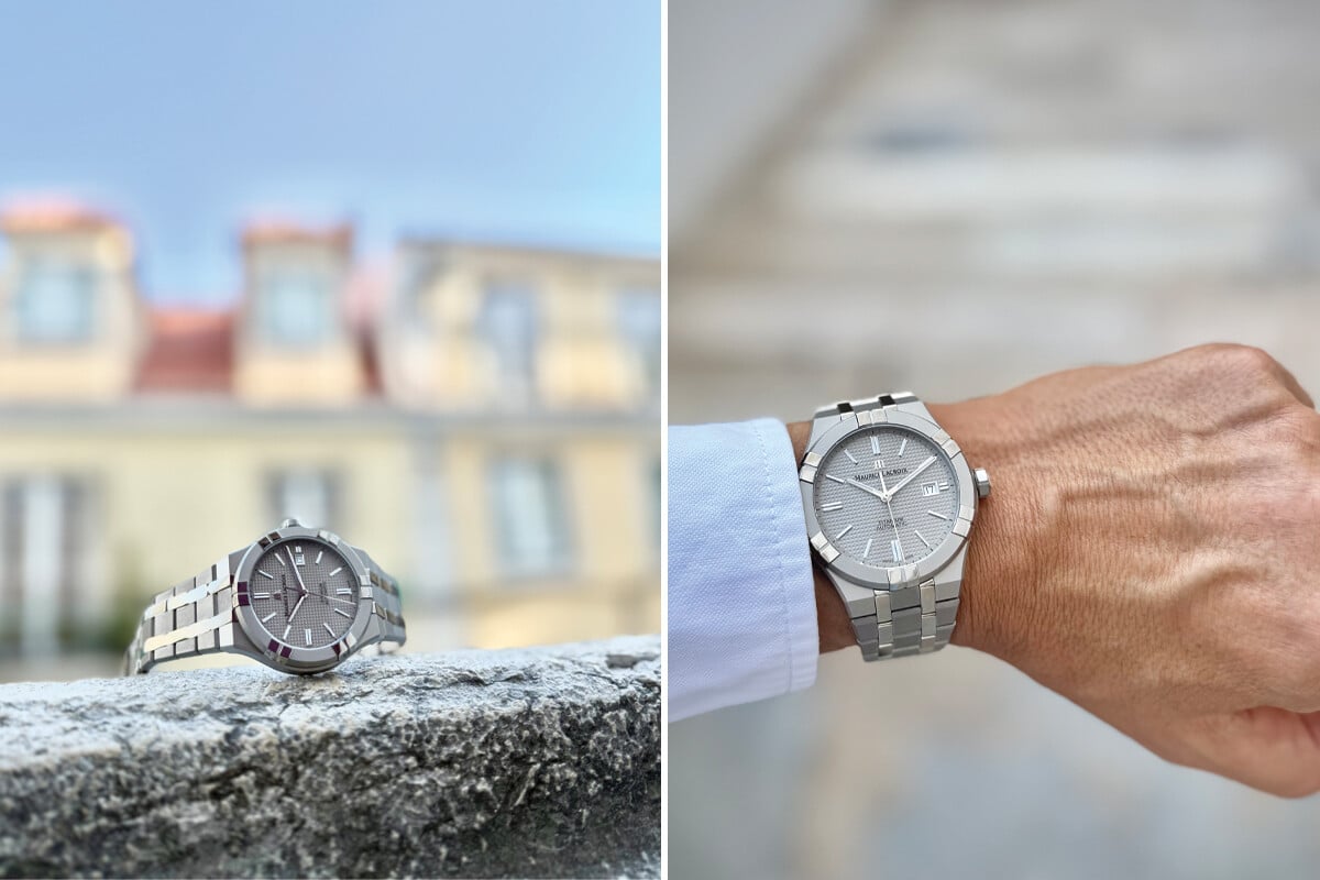 relógio metálico cinzento em titânio com bracelete Maurice Lacroix Aikon Automatic num parapeito e num pulso | Fotos: Miguel Seabra/Espiral do Tempo