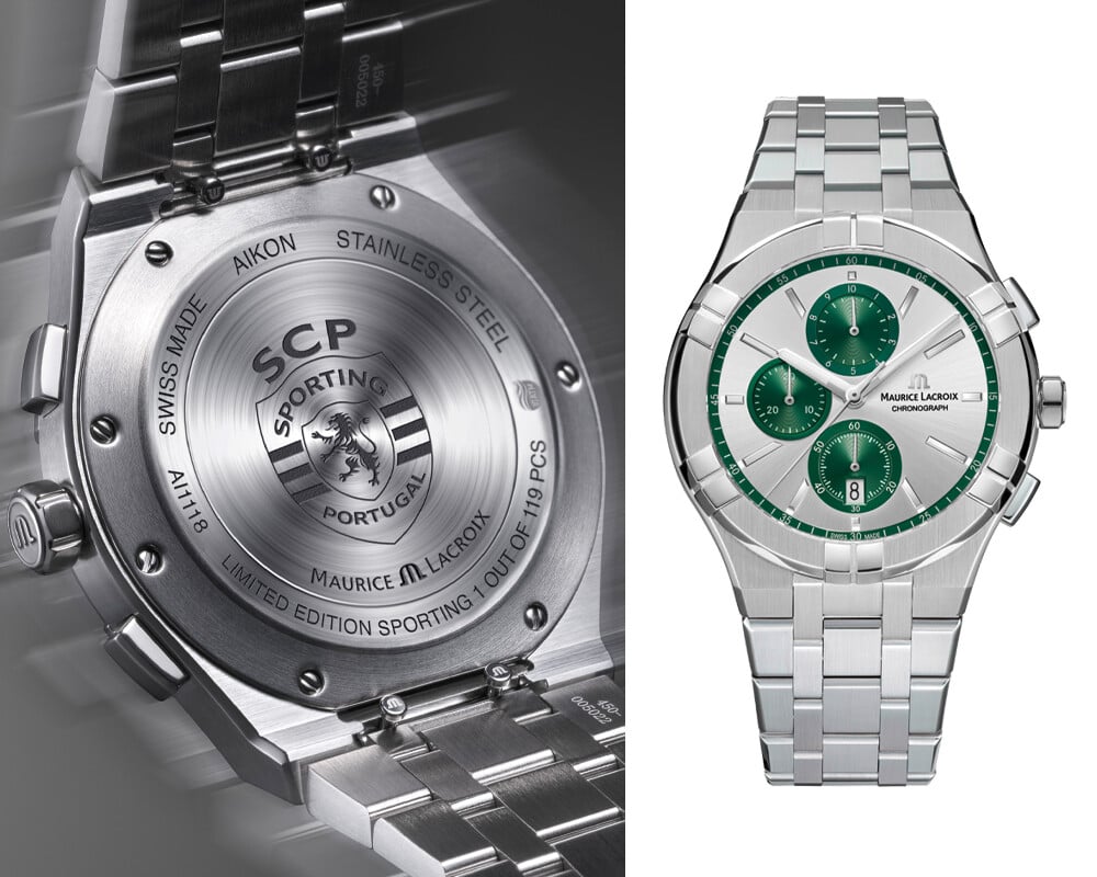 Relógio prateado com mostrador verde e verso gravado com emblema do Sporting CP, exibidos lado a lado.