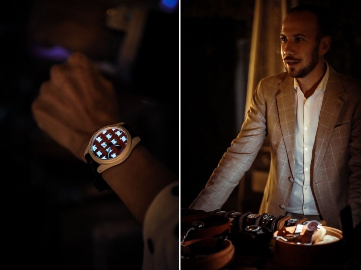 relógio Black Sheep luminescente da Maurice de Mauriac no pulso e Massimo Dreifuss