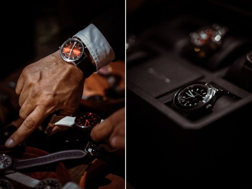 relógios ne mão e na caixa, fotografias escuras tiradas a modelos Maurice de Mauriac