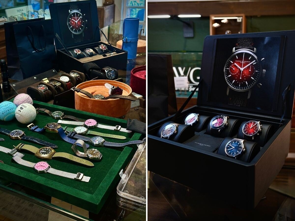 relógios coloridos Maurice de Mauriac em exibição numa mesa e em caixas na Watch Garage
