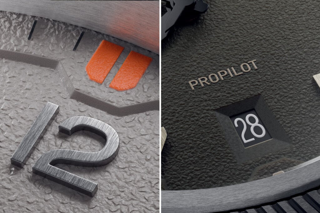 Imagem em close-up de dois detalhes do mostrador do relógio Oris ProPilot Date. À esquerda, o número 12 com marcas de horas e o detalhe em laranja. À direita, o texto "PRO PILOT" e o calendário digital mostrando o número 28.