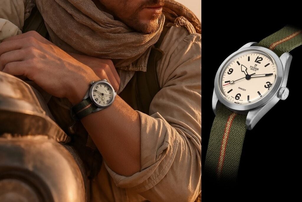 Um homem com um relógio Tudor Ranger no pulso em pleno deserto. Ao lado, uma imagem do mesmo relógio deitado na areia.