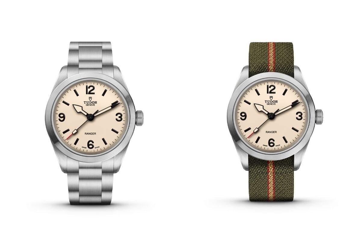 Dois relógios Tudor Ranger com mostrador branco, um com bracelete metálica e outro com bracelete verde de tecido.