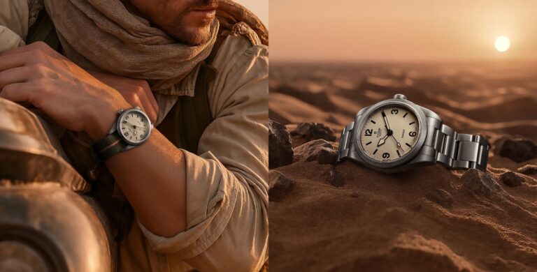 Um homem com um relógio Tudor Ranger no pulso em pleno deserto. Ao lado, uma imagem do mesmo relógio deitado na areia.