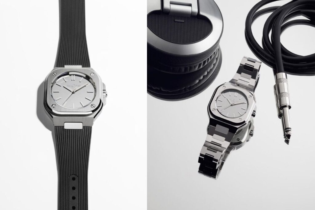 fotos de relógio em aço polido e acetinado espelhado Bell & Ross BR-05 Grey Mirror Steel com bracelete preta em cauchu ou bracelete metálica | Foto: Bell & Ross