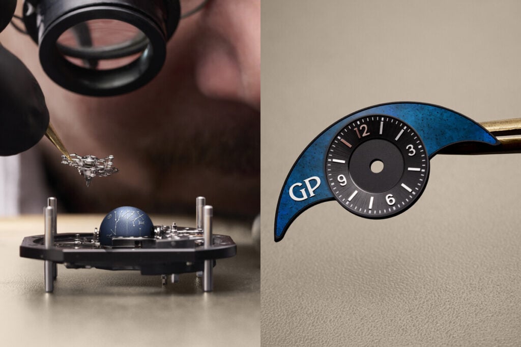 Imagem mostrando o processo de montagem de um rel&oacute;gio Girard-Perregaux Cosmos. &Agrave; esquerda, um relojoeiro trabalha de perto com uma lupa, segurando um pequeno componente mec&acirc;nico enquanto ajusta a esfera azul, que representa as constela&ccedil;&otilde;es. &Agrave; direita, uma parte do mostrador do rel&oacute;gio &eacute; mostrada em destaque, com o logotipo "GP" e os n&uacute;meros em um fundo azul. O mostrador est&aacute; sendo cuidadosamente manuseado com uma ferramenta.