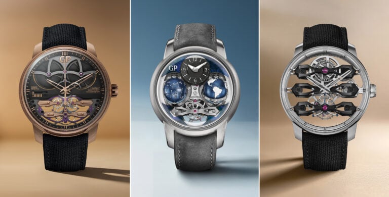 Três relógios de luxo Girard-Perregaux são exibidos, cada um com um design sofisticado e mecânicas distintas. O primeiro tem uma caixa de ouro rosé e um mostrador complexo com um escapamento constante, destacando detalhes mecânicos em ouro e rubis. O segundo relógio apresenta um mostrador com visual astronômico, incluindo mapas do céu e da Terra, e uma caixa metálica prateada. O terceiro relógio exibe uma estrutura única com três ponteiros flutuantes, visibilidade clara dos movimentos internos e um design moderno, também com caixa metálica prateada.