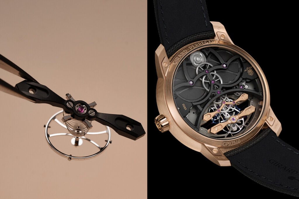 Imagem mostrando uma pe&ccedil;a detalhada do escapamento NEO da Girard-Perregaux, com foco no mecanismo suspenso, vis&iacute;vel &agrave; esquerda, e o interior de um rel&oacute;gio de luxo &agrave; direita, com engrenagens expostas e design elegante em ouro rosa.