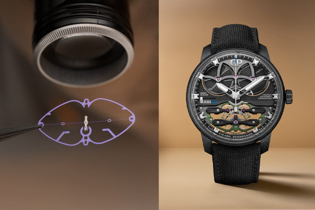 magem detalhada mostrando o mecanismo de escapamento NEO da Girard-Perregaux &agrave; esquerda, sendo cuidadosamente manipulado com pin&ccedil;as, enquanto &agrave; direita, vemos o rel&oacute;gio completo com um design sofisticado, mostrando a parte interna do mecanismo de movimento e um mostrador t&eacute;cnico.