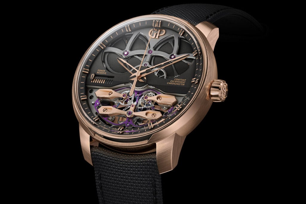 Rel&oacute;gio Girard-Perregaux com escapamento NEO, mostrando a parte frontal do design sofisticado. A caixa em ouro rosa exibe um mostrador t&eacute;cnico com detalhes de engrenagens vis&iacute;veis, complementados por uma pulseira preta.