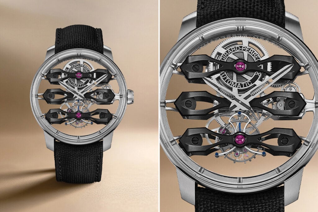 Rel&oacute;gio Girard-Perregaux com design sofisticado e mecanismo de tourbillon vis&iacute;vel. A caixa de a&ccedil;o inoxid&aacute;vel &eacute; transparente, permitindo ver os complexos componentes internos, incluindo tr&ecirc;s pontes flutuantes pretas e pedras rubi. O rel&oacute;gio possui uma pulseira de tecido preto e &eacute; uma pe&ccedil;a de alta relojoaria, com um movimento autom&aacute;tico.