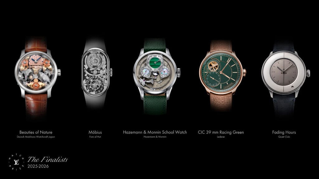 Imagem composta por cinco relógios de luxo dispostos lado a lado, cada um com um design distinto. Os relógios são diferentes em estilo e materiais, incluindo mostradores com detalhes intrincados e complicações mecânicas visíveis. Cada relógio tem um estilo próprio, variando de modelos mais clássicos a designs mais modernos e inovadores. Todos possuem braceletes de couro em diferentes tons, e a imagem tem fundo preto para destacar os relógios.