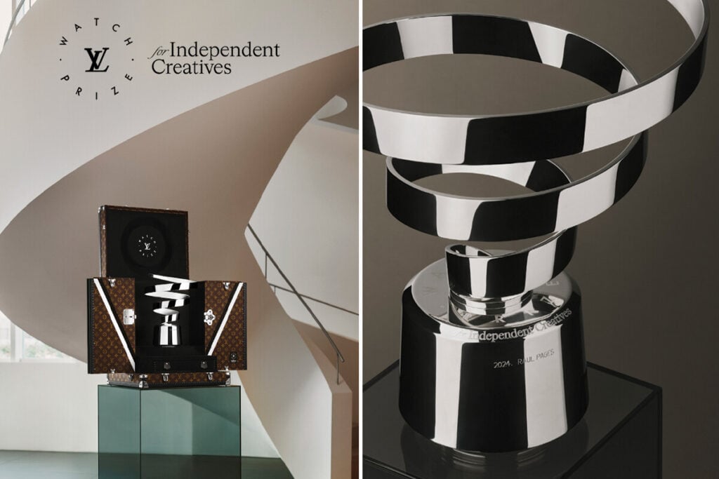 Imagem composta por duas partes. À esquerda, uma caixa de relógio da Louis Vuitton com um design elegante e clássico, contendo um troféu metálico em forma de espiral dentro. À direita, o troféu é mostrado em close-up, com suas curvas brilhantes e o texto gravado "Louis Vuitton Watch Prize for Independent Creatives 2024". O troféu tem um acabamento polido e moderno.
