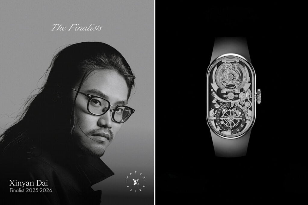 Imagem dividida em duas partes: à esquerda, uma fotografia em preto e branco de Xinyan Dai, finalista do prémio de relógios de 2025-2026, com um fundo cinza e a legenda "Xinyan Dai Finalist 2025-2026". À direita, um close-up de um relógio sofisticado e detalhado, exibindo uma complexa estrutura mecânica com componentes visíveis, como engrenagens e molas, num design futurista e elegante.