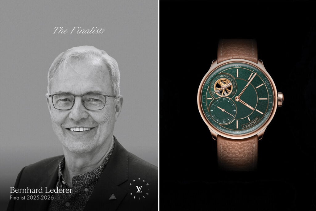 A imagem é dividida em duas partes. À esquerda, uma foto de Bernhard Lederer, um dos finalistas do "Louis Vuitton Watch Prize for Independent Creatives" para 2025-2026, sorrindo e vestindo uma camisa estampada e um blazer preto. À direita, um close-up de um relógio com mostrador verde e detalhes dourados, incluindo um tourbillon visível e uma bracelete de couro castanho. Bernhard Lederer Lederer CIC Racing Green)