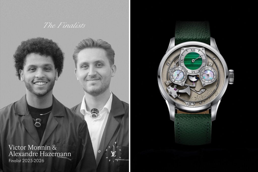 Fotografia a preto e branco com duas pessoas sorrindo, Victor Monnin (à esquerda) e Alexandre Hazemann (à direita), ambos vestidos com fatos de trabalho. Na parte inferior da imagem, o texto "Victor Monnin & Alexandre Hazemann Finalist 2025-2026". À direita da imagem, vê-se um relógio de luxo com mostrador detalhado, inclinação para um design inovador e uma pulseira verde.