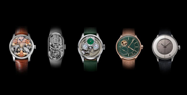 Imagem composta por cinco relógios de luxo dispostos lado a lado, cada um com um design distinto. Os relógios são diferentes em estilo e materiais, incluindo mostradores com detalhes intrincados e complicações mecânicas visíveis. Cada relógio tem um estilo próprio, variando de modelos mais clássicos a designs mais modernos e inovadores. Todos possuem braceletes de couro em diferentes tons, e a imagem tem fundo preto para destacar os relógios. Daizoh Makihara (Daizoh Makihara Watchkraft Japan Beauties of Nature), Bernhard Lederer Lederer CIC 39mm Racing Green), Norifumi Seki (Quiet Club Fading Hours), Victor Monnin & Alexandre Hazemann (Hazemann & Monnin School Watch) e Xinyan Dai (Fam Al Hut Moebius)