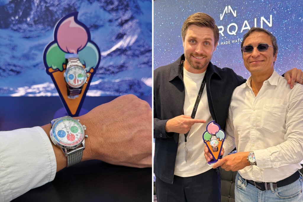 No pulso: rel&oacute;gio autom&aacute;tico Norqain Freedom 60 40mm Enjoy Life Special Edition em a&ccedil;o inoxid&aacute;vel, com cron&oacute;grafo e mostrador branco com submostradores coloridos em azul, verde e rosa, gelado na data com bracelete met&aacute;lica Furlan Marri na Dubai Watch Week; duas pessoas a mostrar um rel&oacute;gio Norqain, Ben Kuffer e Miguel Seabra