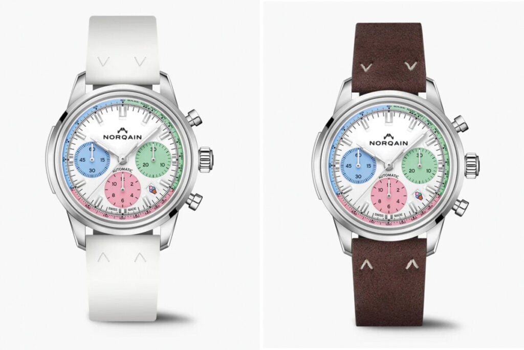 Rel&oacute;gio autom&aacute;tico Norqain Freedom 60 40mm Enjoy Life Special Edition em a&ccedil;o inoxid&aacute;vel, com cron&oacute;grafo e mostrador branco com submostradores coloridos em azul, verde e rosa, gelado na data com bracelete branca em cauchu e correia de pele castanha