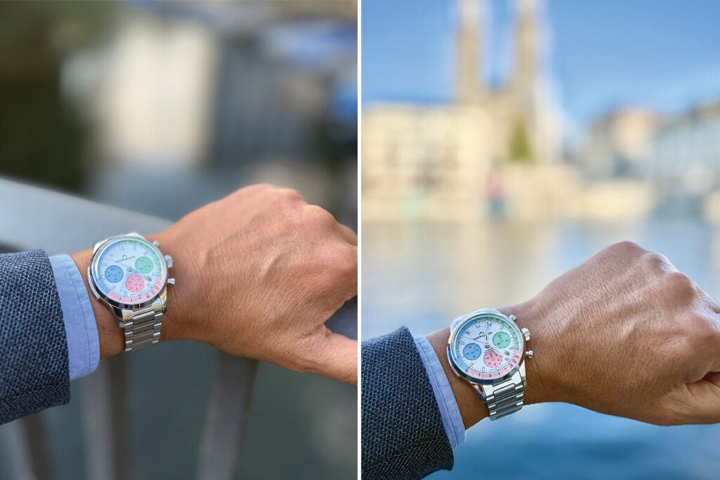 No pulso: rel&oacute;gio autom&aacute;tico Norqain Freedom 60 40mm Enjoy Life Special Edition em a&ccedil;o inoxid&aacute;vel, com cron&oacute;grafo e mostrador branco com submostradores coloridos em azul, verde e rosa, gelado na data com bracelete met&aacute;lica em Zurique na Su&iacute;&ccedil;a