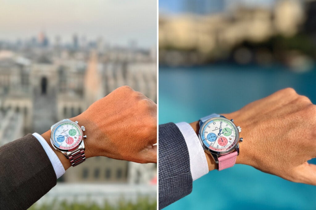 Rel&oacute;gio autom&aacute;tico Norqain Freedom 60 40mm Enjoy Life Special Edition em a&ccedil;o inoxid&aacute;vel, com cron&oacute;grafo e mostrador branco com submostradores coloridos em azul, verde e rosa, gelado na data com bracelete met&aacute;lica em Mil&atilde;o no Milano After Time e correia de pele azul e rosa na Dubai Watch Week