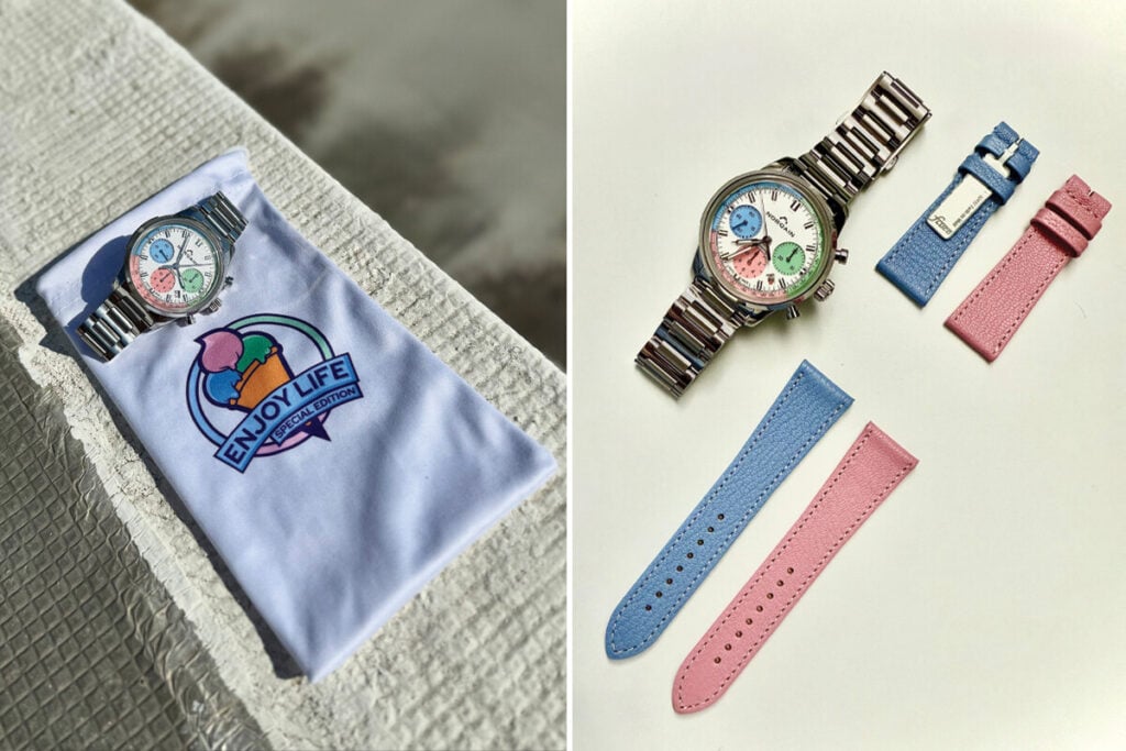 Rel&oacute;gio autom&aacute;tico Norqain Freedom 60 40mm Enjoy Life Special Edition em a&ccedil;o inoxid&aacute;vel, com cron&oacute;grafo e mostrador branco com submostradores coloridos em azul, verde e rosa, gelado na data com saco branco Enjoy Life e correias de pele azul e rosa da Maurice de Mauriac