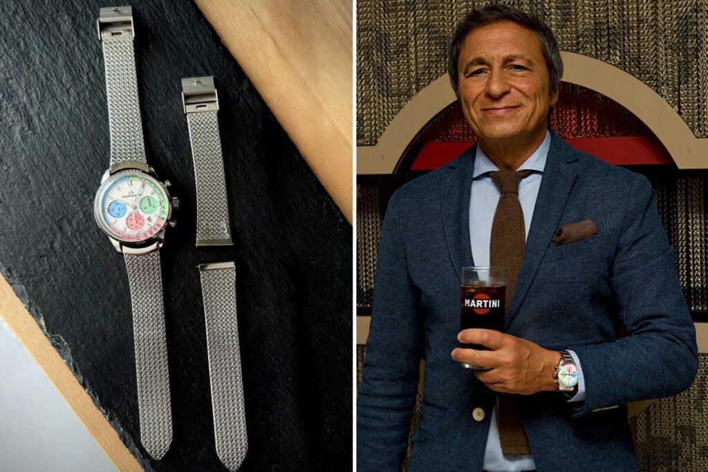 rel&oacute;gio autom&aacute;tico Norqain Freedom 60 40mm Enjoy Life Special Edition em a&ccedil;o inoxid&aacute;vel, com cron&oacute;grafo e mostrador branco com submostradores coloridos em azul, verde e rosa, gelado na data com braceletes met&aacute;licas Furlan Marri e uma pessoa em blazer e gravata com copo de Martini na m&atilde;o e um rel&oacute;gio Norqain, Miguel Seabra na Milano Watch Week