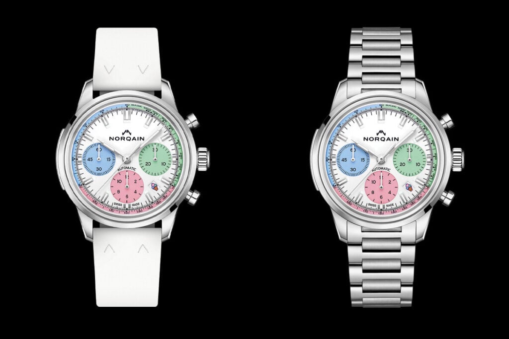 Dois rel&oacute;gios Norqain autom&aacute;ticos lado a lado, um com bracelete branca em borracha e outro com bracelete em a&ccedil;o inoxid&aacute;vel, ambos com mostrador colorido.