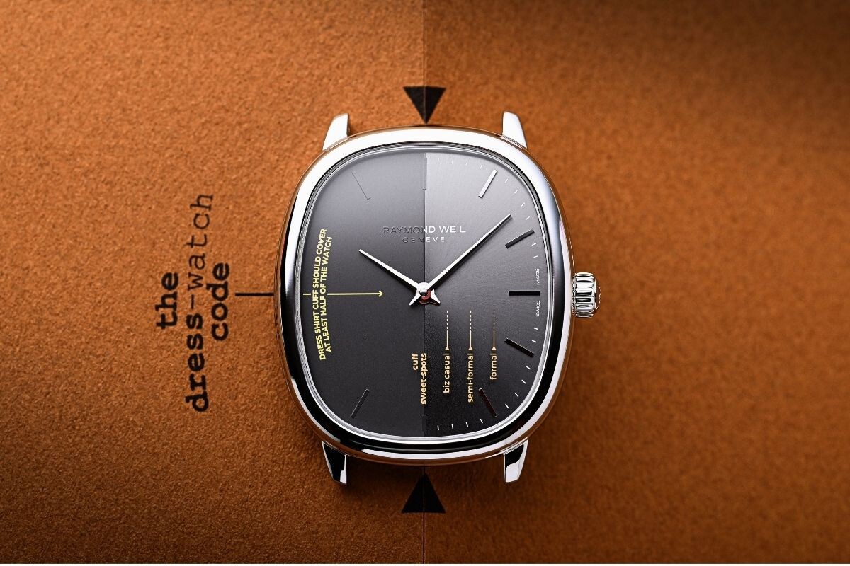 rel&oacute;gio oval Raymond Weil x Seconde/Seconde/ de forma el&iacute;ptica com mostrador cinzento dividido e com inscri&ccedil;&otilde;es escritas | Foto: Raymond Weil