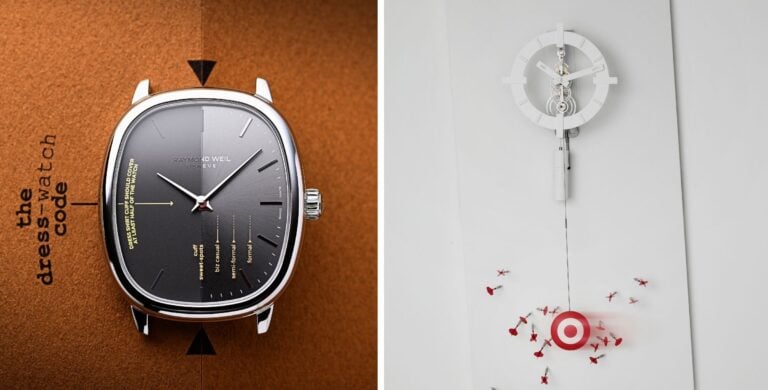 relógio oval Raymond Weil x Seconde/Seconde/ de forma elíptica com mostrador cinzento dividido e com inscrições escritas, fundo do relógio com abertura e inscrições e relógio de pêndulo Uncatchable com dardos | Fotos: Raymond Weil e MB&F