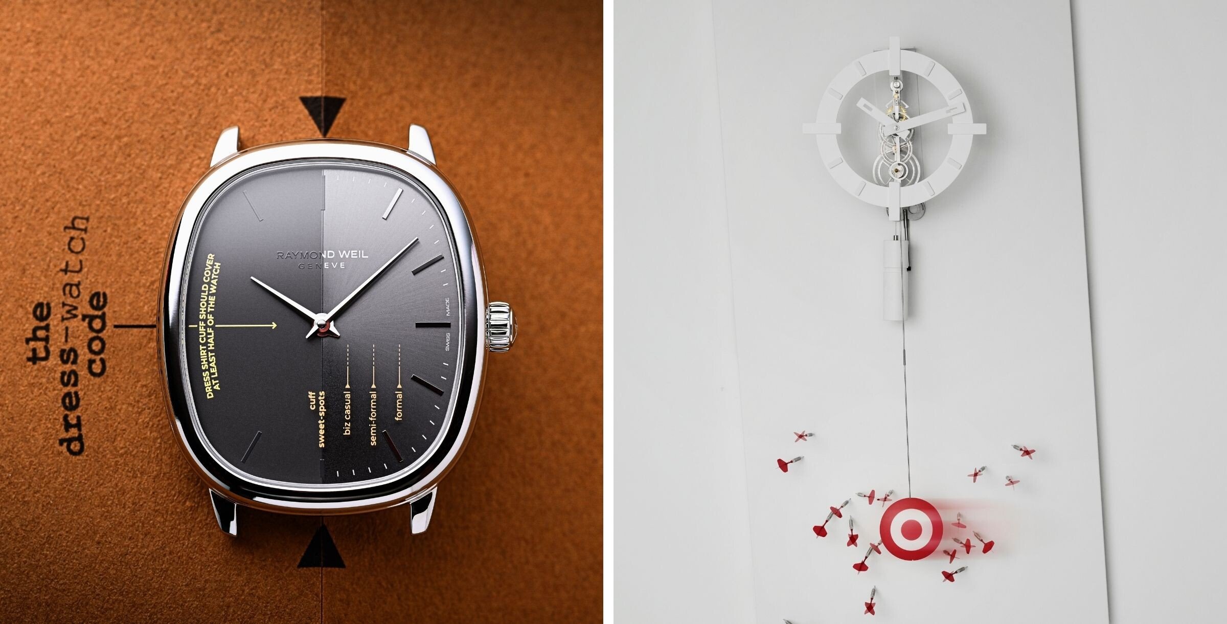 relógio oval Raymond Weil x Seconde/Seconde/ de forma elíptica com mostrador cinzento dividido e com inscrições escritas, fundo do relógio com abertura e inscrições e relógio de pêndulo Uncatchable com dardos | Fotos: Raymond Weil e MB&F