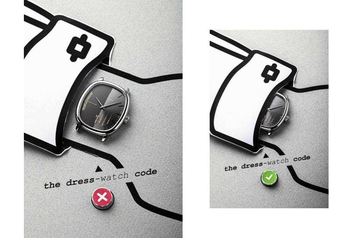 mangas de camisam e rel&oacute;gio oval Raymond Weil x Seconde/Seconde/ de forma el&iacute;ptica com mostrador cinzento dividido e com inscri&ccedil;&otilde;es escritas, fundo do rel&oacute;gio com abertura e inscri&ccedil;&otilde;es | Foto: Raymond Weil