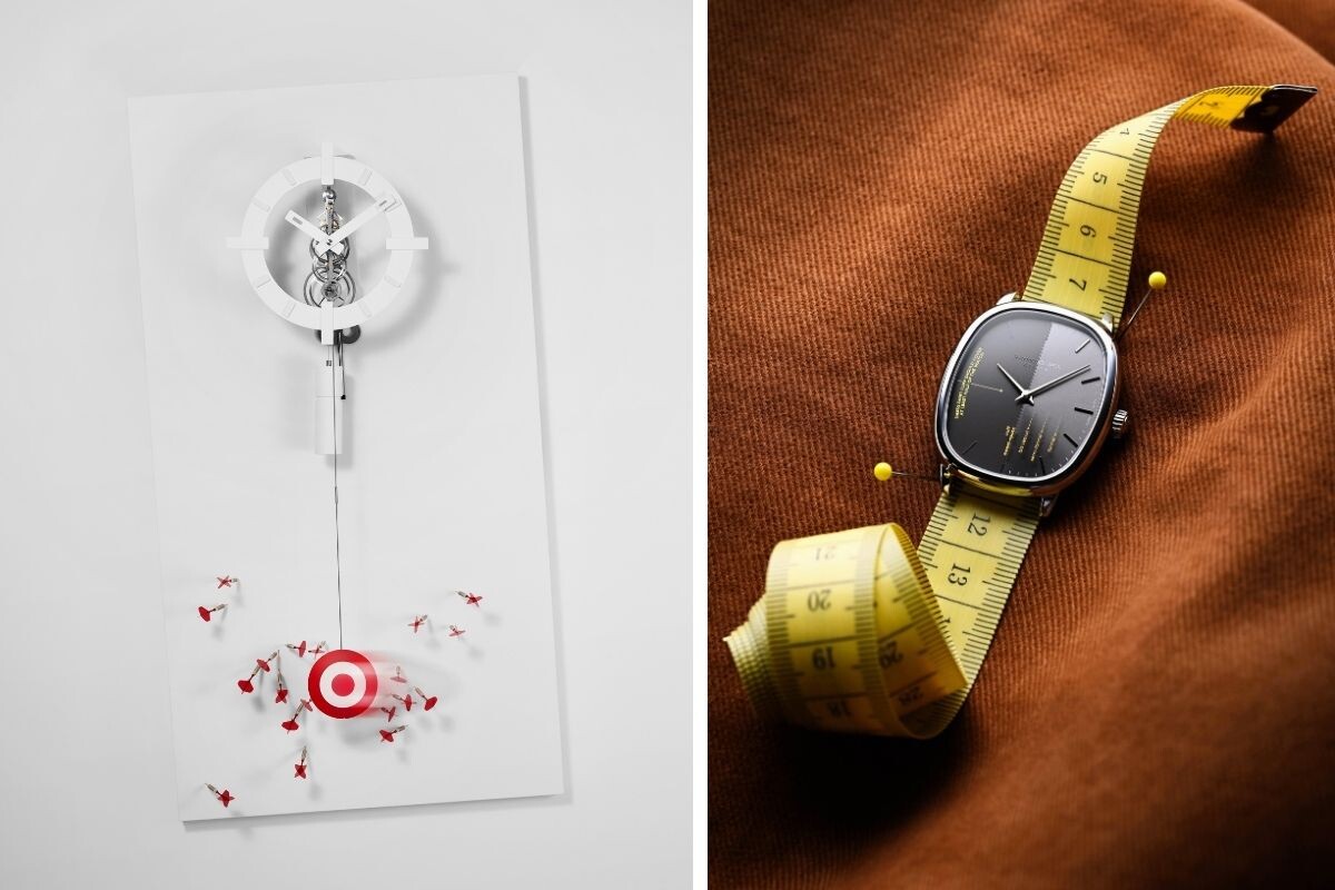 rel&oacute;gio de p&ecirc;ndulo da MAD Gallery MB&F e rel&oacute;gio oval Raymond Weil x Seconde/Seconde/ de forma el&iacute;ptica com mostrador cinzento dividido e com inscri&ccedil;&otilde;es escritas, fundo do rel&oacute;gio com abertura e inscri&ccedil;&otilde;es | Foto: Raymond Weil