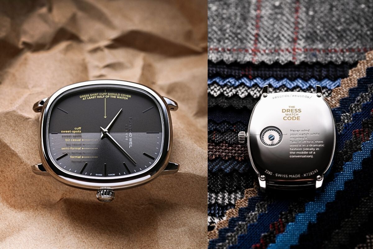 rel&oacute;gio oval Raymond Weil x Seconde/Seconde/ de forma el&iacute;ptica com mostrador cinzento dividido e com inscri&ccedil;&otilde;es escritas, fundo do rel&oacute;gio com abertura e inscri&ccedil;&otilde;es | Foto: Raymond Weil