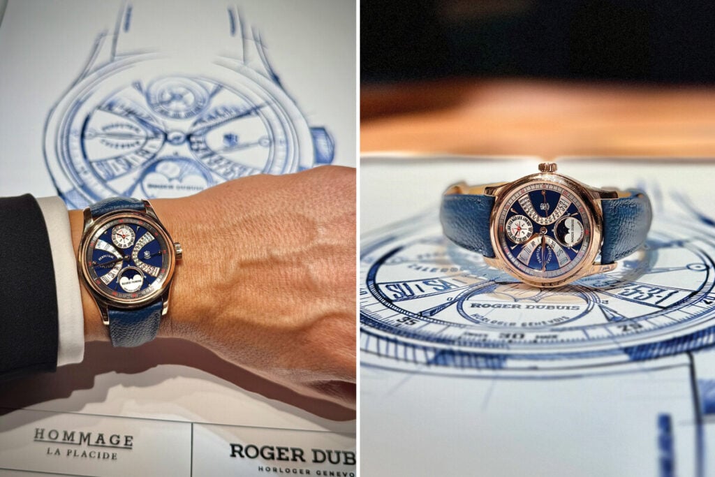 Rel&oacute;gio mec&acirc;nico de luxo com pulseira de couro azul, exibido no pulso e sobre desenhos t&eacute;cnicos de relojoaria.