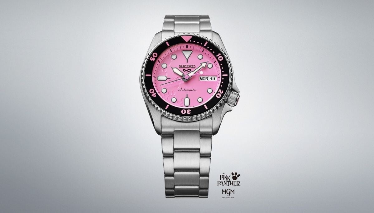 Relógio de pulso com mostrador cor-de-rosa evocativo da Pantera cor de rosa ou Pink Panther