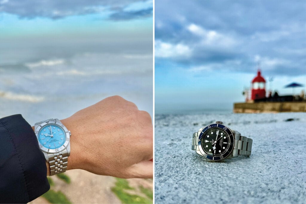 À esquerda, uma mão usa um relógio de pulso com mostrador azul, com o mar ao fundo. À direita, há uma imagem de um relógio de pulso com mostrador preto e aro azul, posicionado em uma superfície branca, com um farol vermelho ao fundo.