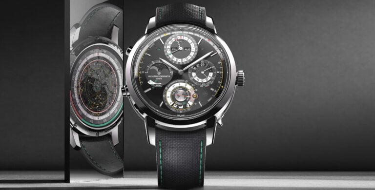 relógio complicado com fundo escuro e espelho a mostrar mecanismo do Les Cabinotiers Solaria Ultra Grand Complication da manufatura suíça Vacheron Constantin no concurso Watch of the Year 2025