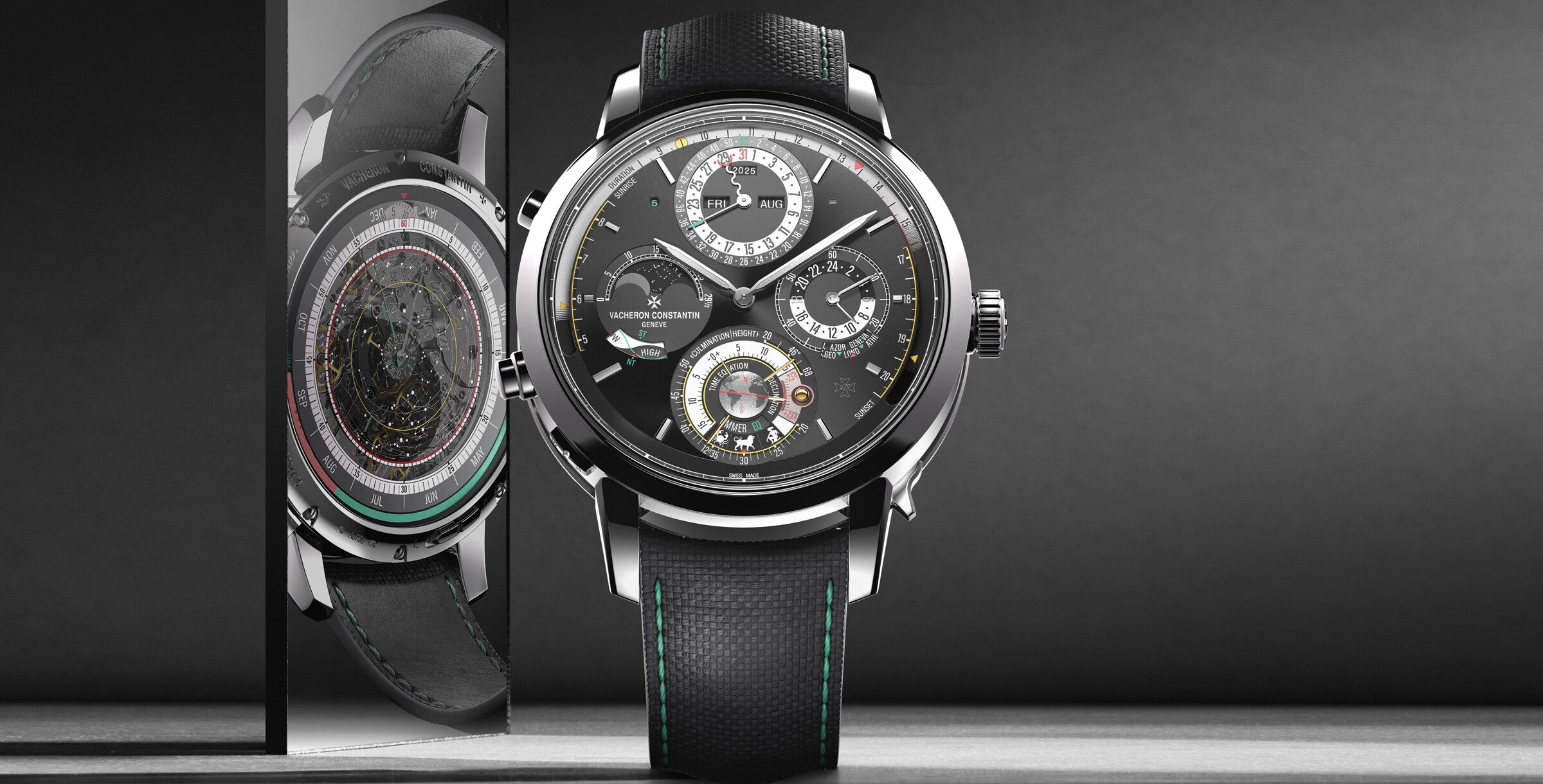 relógio complicado com fundo escuro e espelho a mostrar mecanismo do Les Cabinotiers Solaria Ultra Grand Complication da manufatura suíça Vacheron Constantin no concurso Watch of the Year 2025