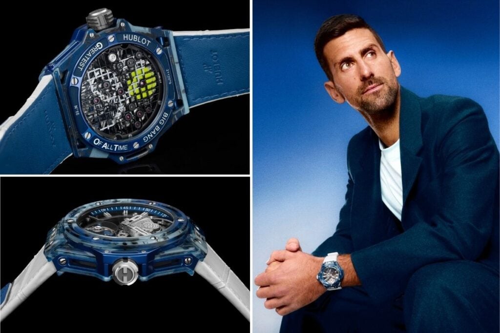 Hublot BIG BANG TOURBILLON NOVAK DJOKOVIC GOAT EDITION e o tenista a usar o respeitvo relógio