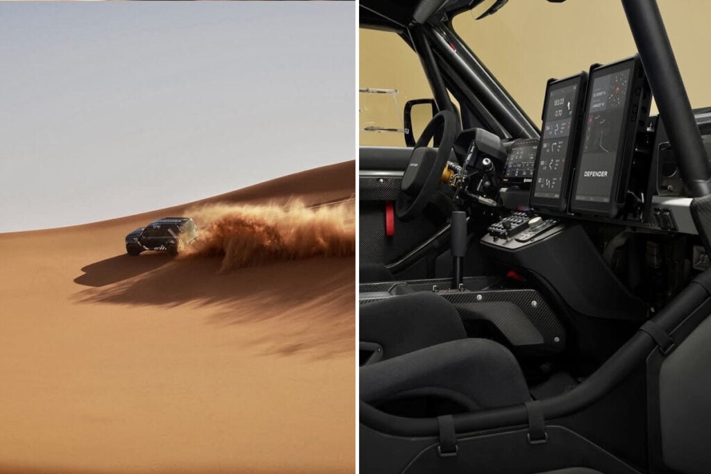 Ve&iacute;culo todo-o-terreno a descer uma duna no deserto, levantando areia, ao lado de uma vista do interior com volante, bancos de competi&ccedil;&atilde;o e v&aacute;rios ecr&atilde;s digitais.