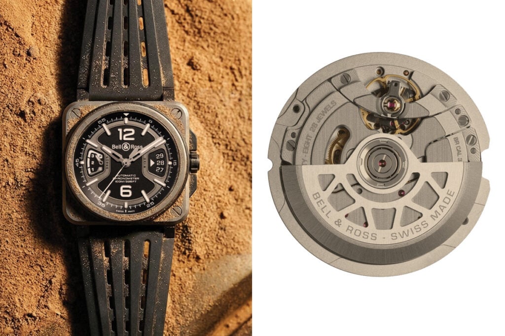 Relógio Bell & Ross de caixa quadrada e bracelete preta, pousado sobre areia, ao lado da vista do movimento mecânico automático suíço.