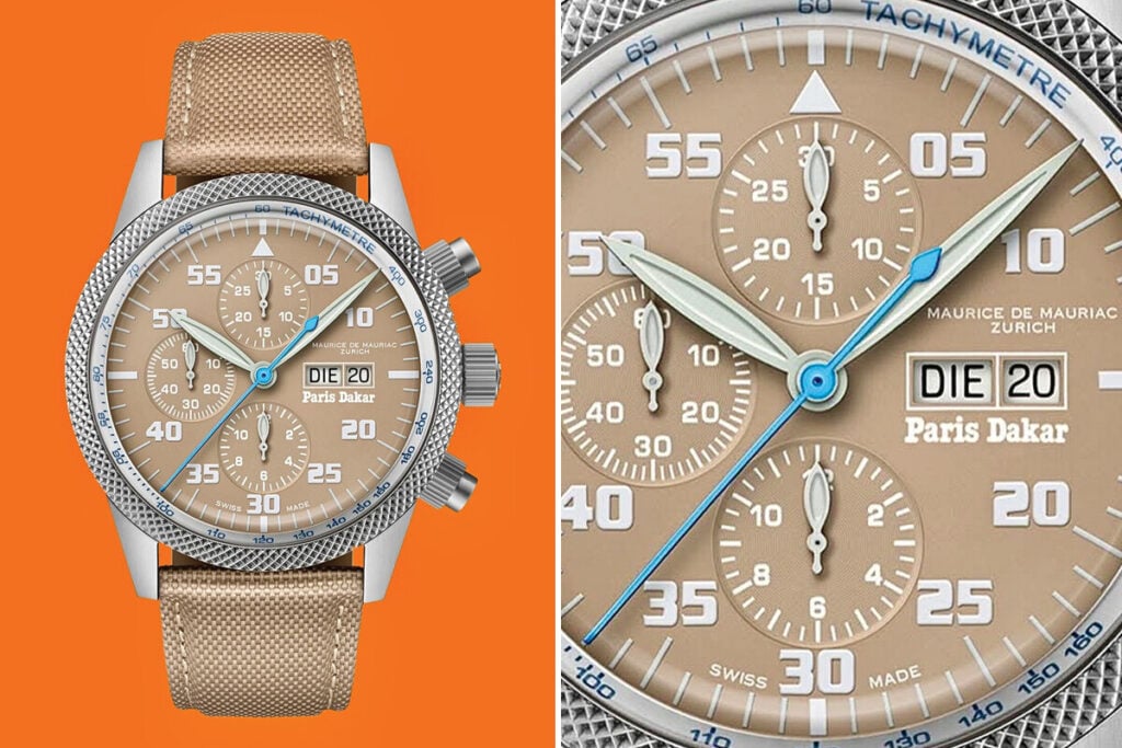 Rel&oacute;gio cron&oacute;grafo Maurice de Mauriac Paris Dakar com mostrador bege, bracelete em tecido e escala taquim&eacute;trica, sobre fundo laranja.