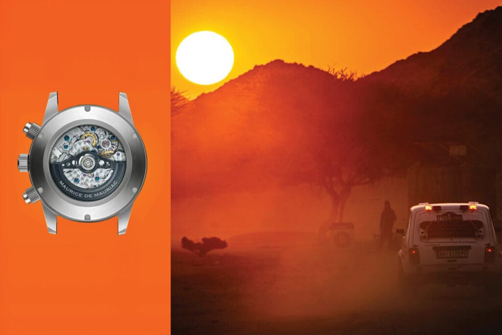 Vista traseira de um rel&oacute;gio Maurice de Mauriac com movimento mec&acirc;nico vis&iacute;vel, ao lado de uma cena do rali Paris Dakar ao p&ocirc;r do sol num ambiente des&eacute;rtico.