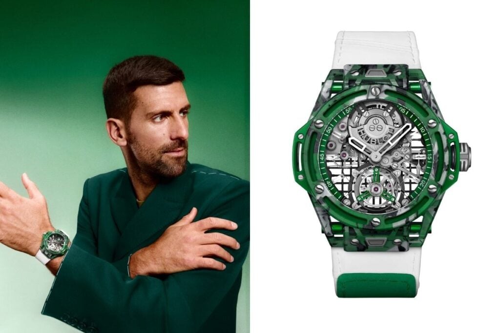 Hublot BIG BANG TOURBILLON NOVAK DJOKOVIC GOAT EDITION e o tenista a usar o respeitvo relógio
